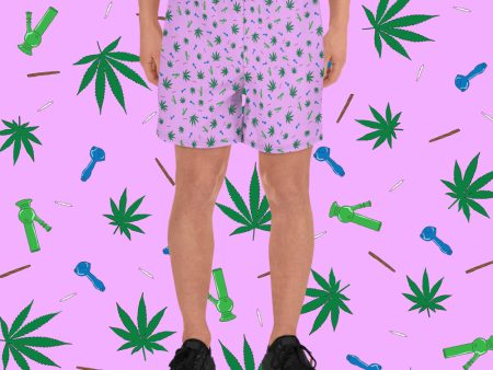 Weed Leaf, Pipes, Blunts, Bongs, & Joints All Over Print Shorts - Pink Discount