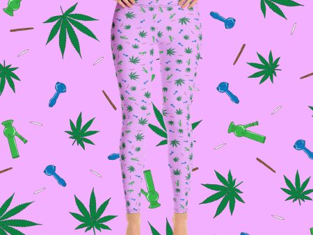 Weed Leaf, Pipes, Blunts, Bongs, & Joints All Over Print Leggings - Pink For Discount