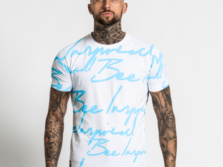 Script Tee - White Blue Discount