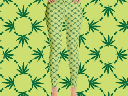 Weed Leaf All Over Print Leggings - Green Discount