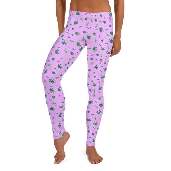 Weed Leaf, Pipes, Blunts, Bongs, & Joints All Over Print Leggings - Pink For Discount